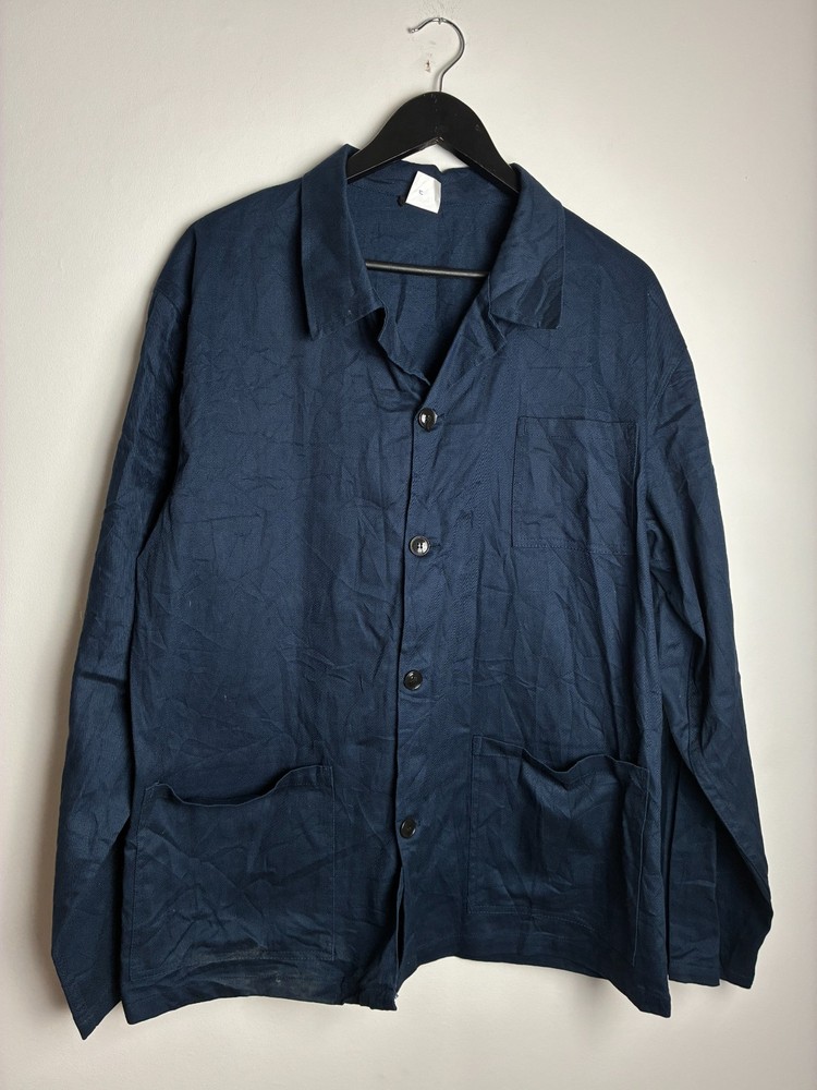 Vintage French Workwear Jacket Mens M Navy Twill Chore Collared Utility Button