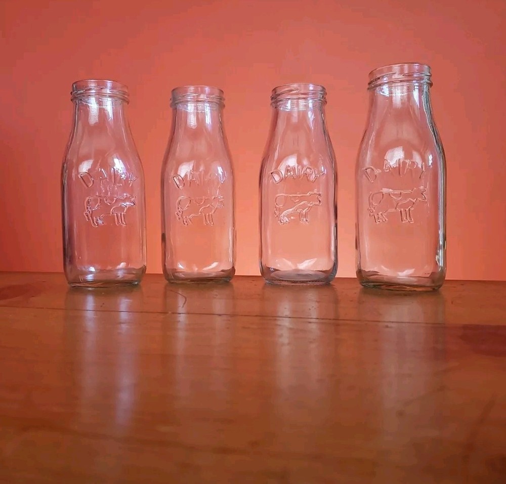 Farmhouse Country Dairy Clear Glass Milk Bottles Storage 10.5oz Vintage USA