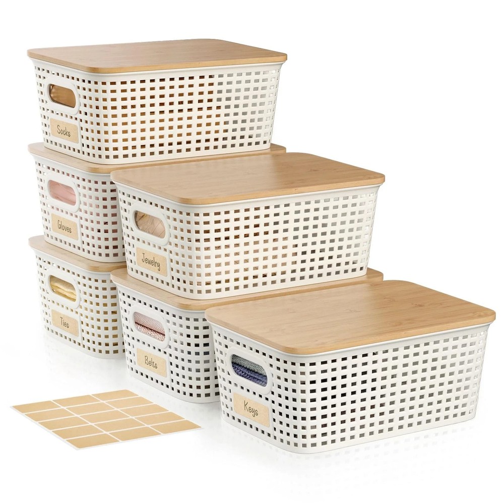 Small 5 Quart Plastic Storage Bin with Bamboo Lid, Stackable Decorative Stora...