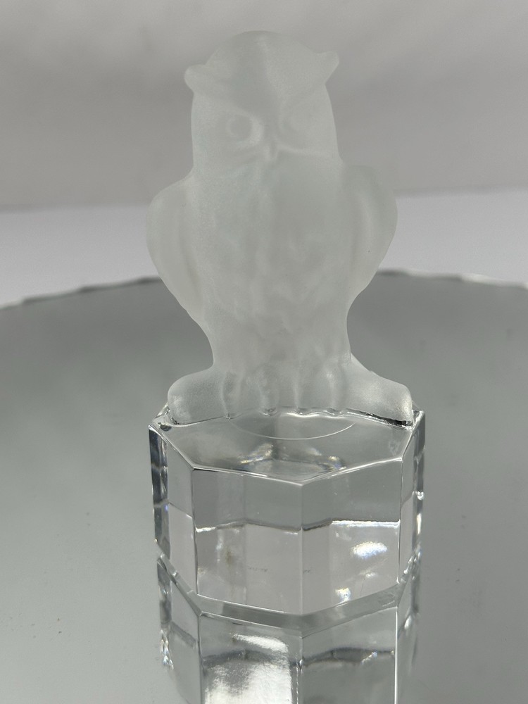 1985 Goebel Frosted Glass Owl Paperweight on Clear Base Hooter Figurine
