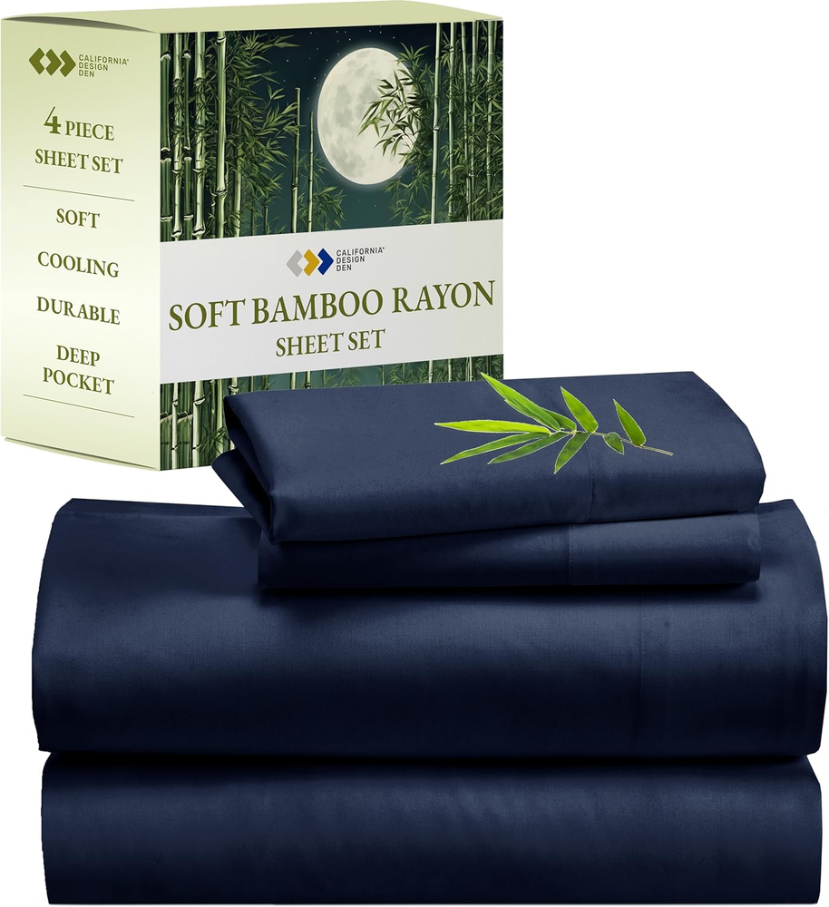 Rayon from Bamboo Sheets King Set, Luxury Cooling Sheets King Size Bed, Navy Blu