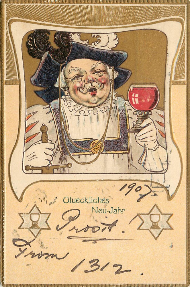 Embossed New Years Postcard Gluekliches Neu Jahr Jewish Star Of David & Wine-image