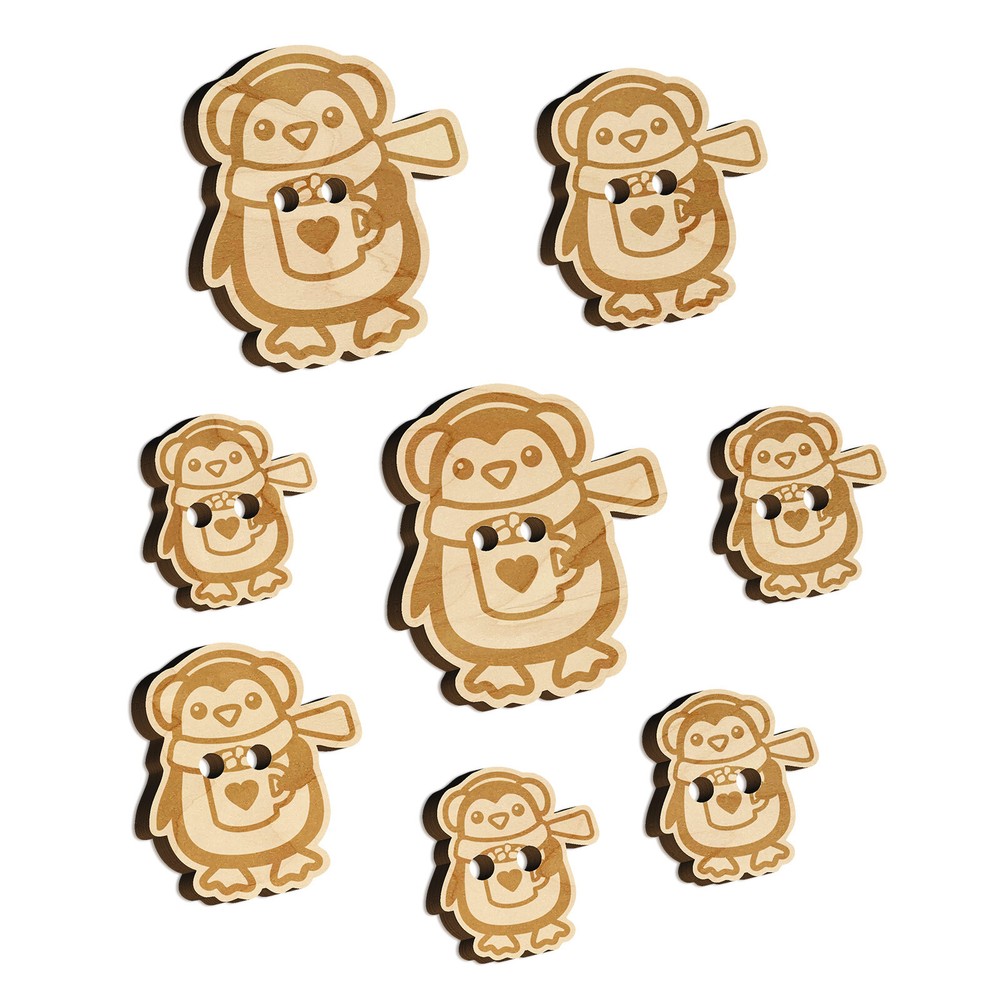 Winter Penguin with Hot Chocolate Heart Mug Wood Buttons for Sewing DIY Craft