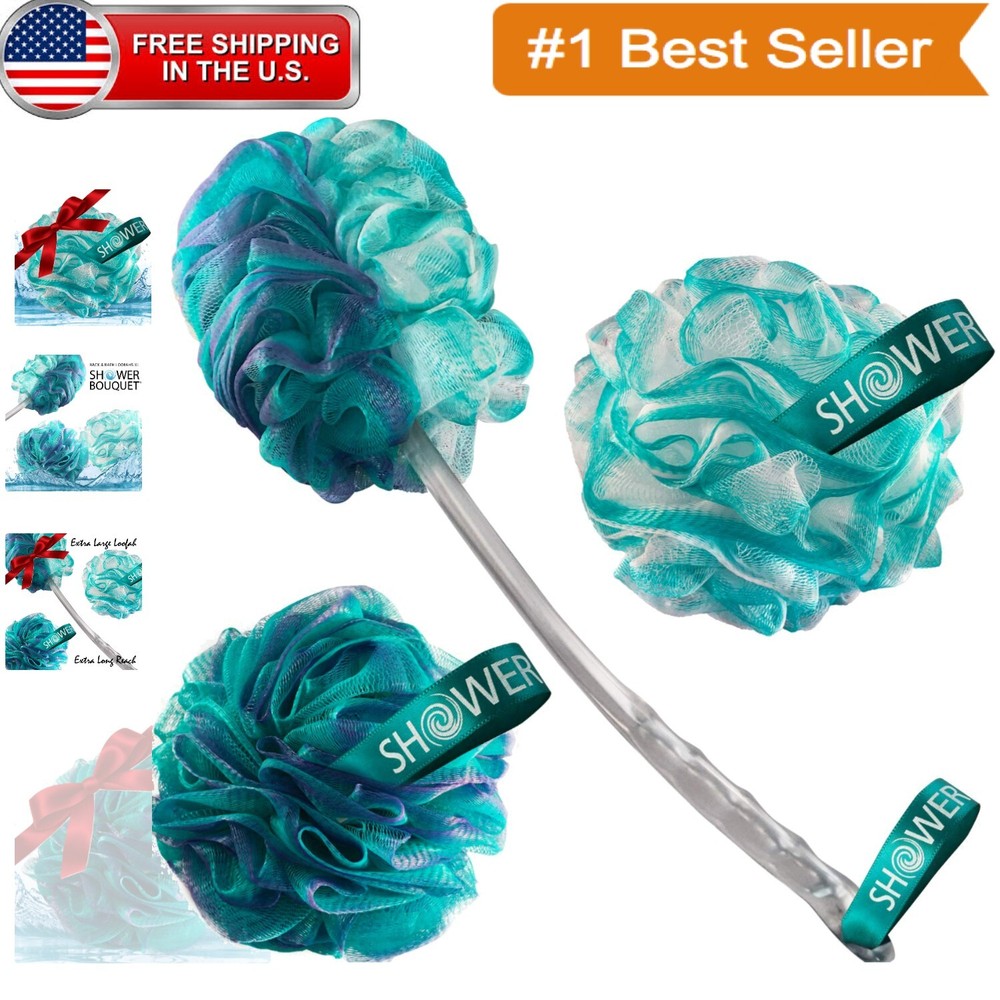 Ultimate Bathing Luxury: Long Handle Back Brush with 2 Soft Exfoliating Poufs