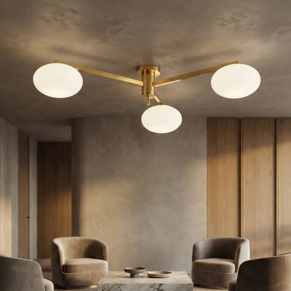 Modern Brass Ceiling Light | 3-Arm Globe Chandelier | Luxury Flush Mount Fixture