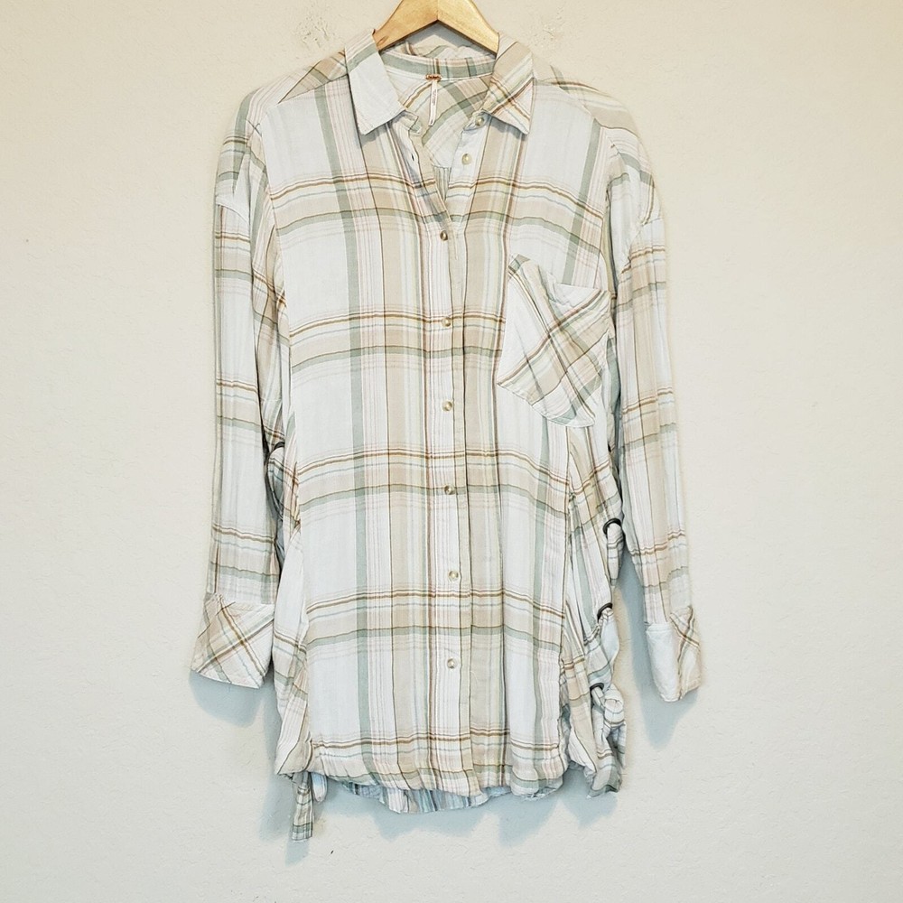 Free People Pastel Plaid Nordic Day Button Front Tunic Top Women's Small