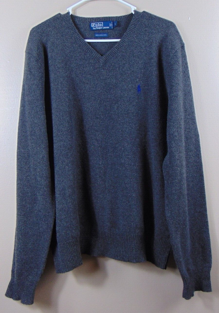 Polo Ralph Lauren Mens Size Large Gray Lambswool Pullover Pony V-Neck Sweater
