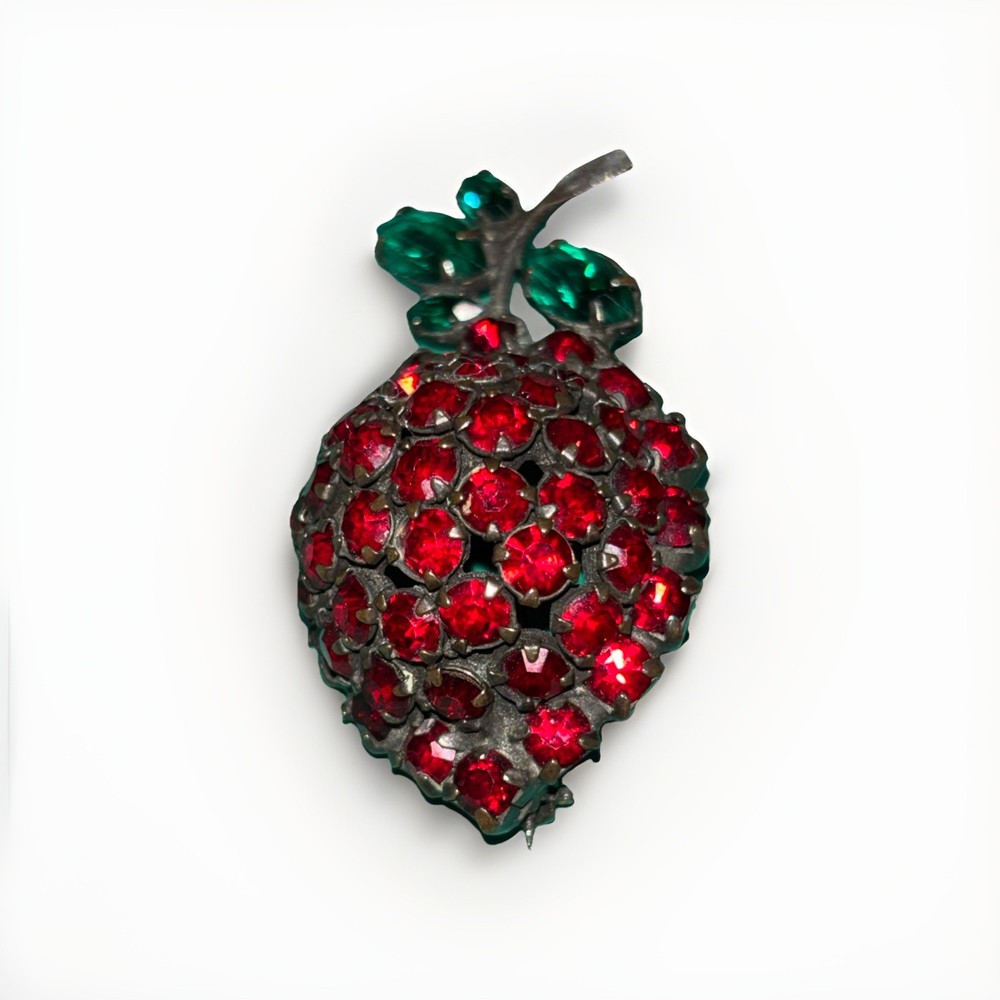 Vintage Signed Schreiner Strawberry Brooch Red Green