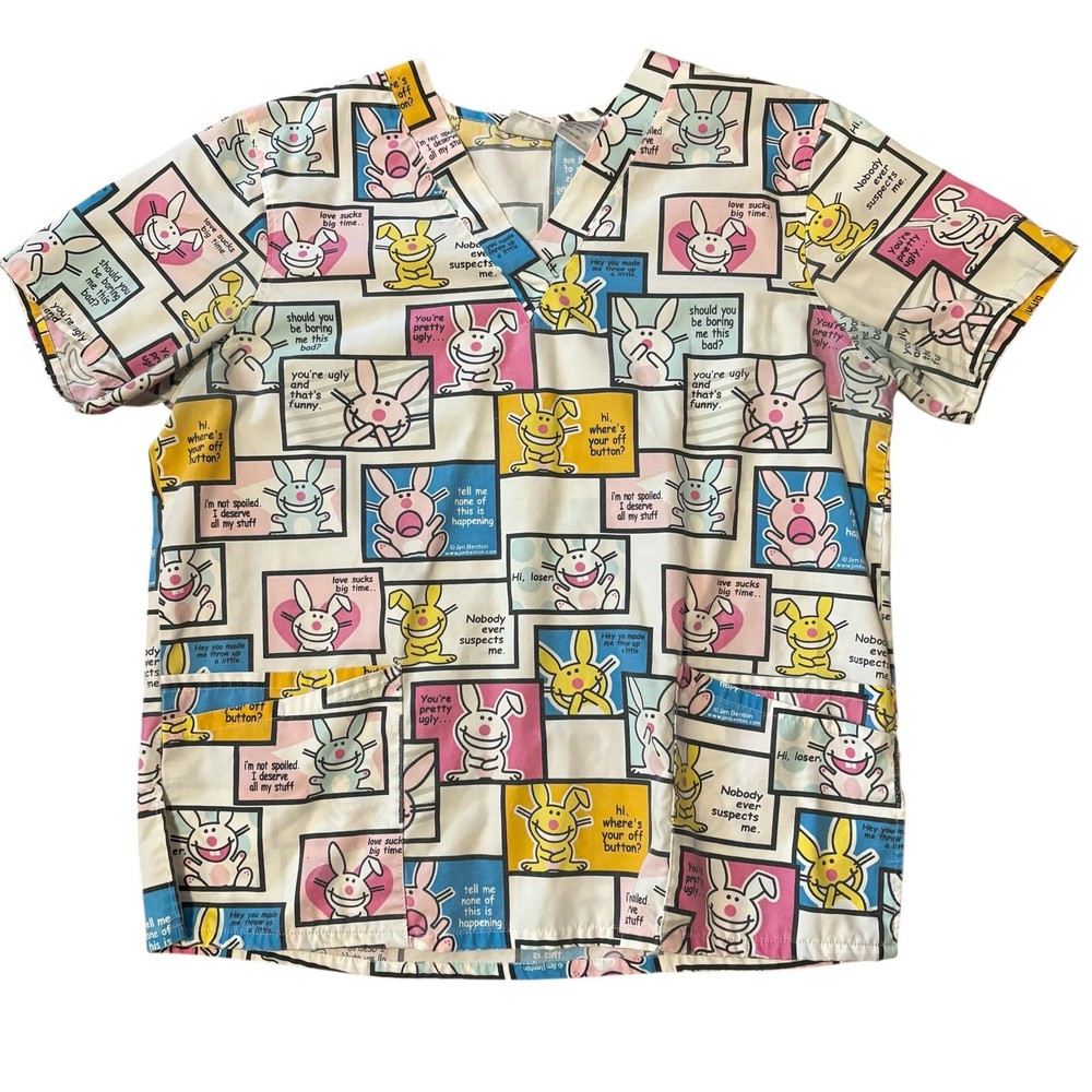 Happy Bunny Women’s Scrub Top Size Large Snarky Bunny Funny Bunny Medical Scrub
