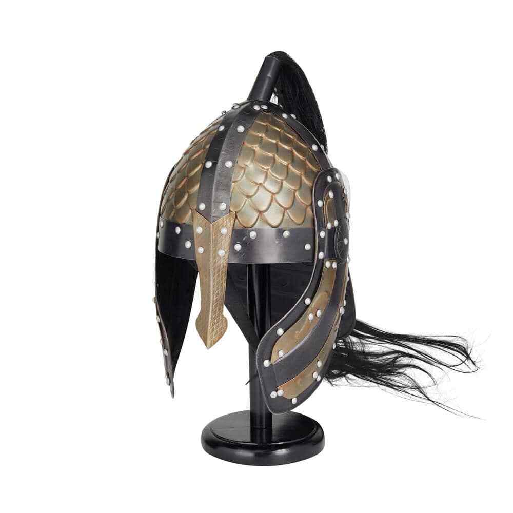 Gold Metal Replica Medieval Greek Spartan Helmet Black Wood Stand Plume