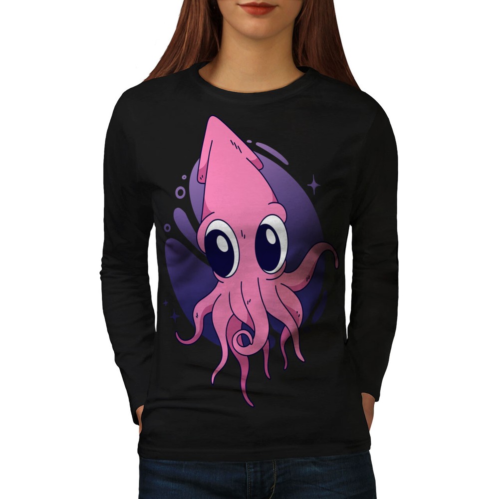 Wellcoda Pink Cartoon Squid Playful Sea Animal Womens Long Sleeve T-shirt