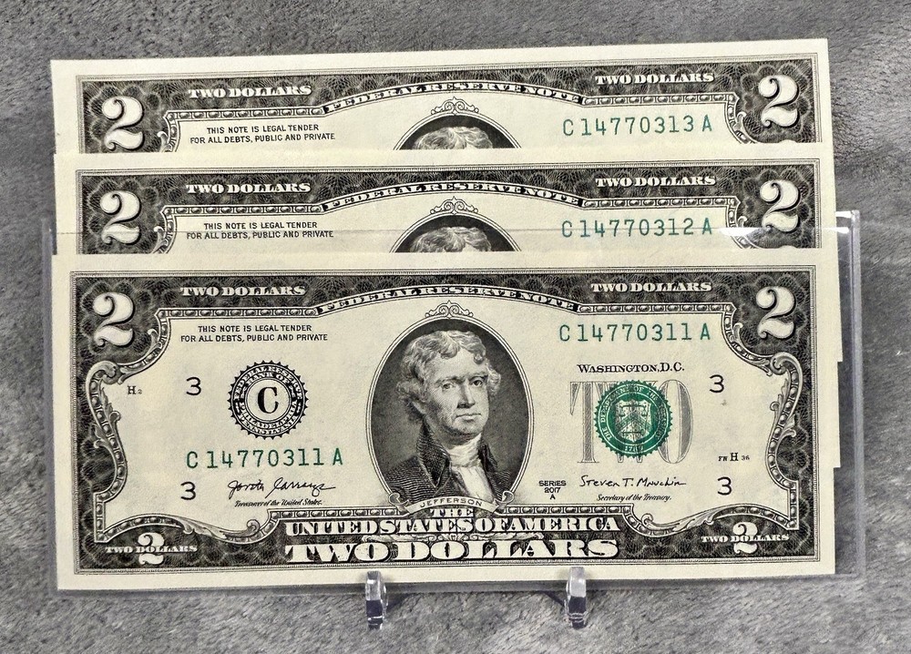 Lot of 3 2017 U.S. Sequential Two Dollar bills $2 Notes C14770311A 312A & 313A