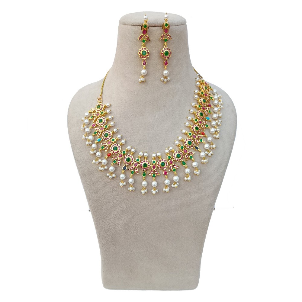 Gold Plated Dangle Drop Earring & Necklace Set with Multi Color Pearl Gemstone