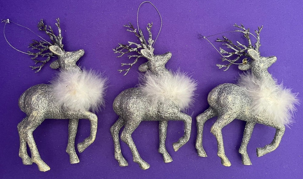 3 VTG Plastic Celluloid Glitter Reindeer w/ Fur Christmas Tree Ornaments SALE!-image