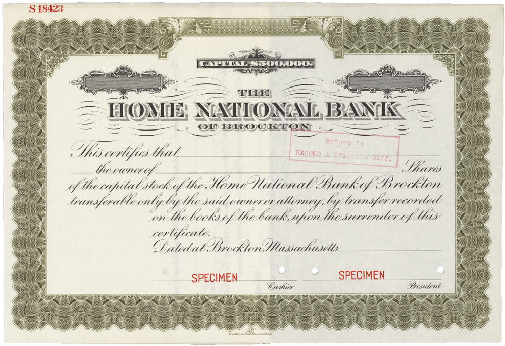 The Home National Bank of Brockton Vintage Stock Certificate
