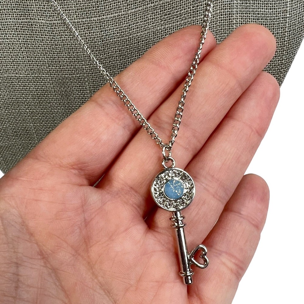 Silver Tone Key Light Blue & Clear Rhinestone Charm Cable Chain Necklace Dainty