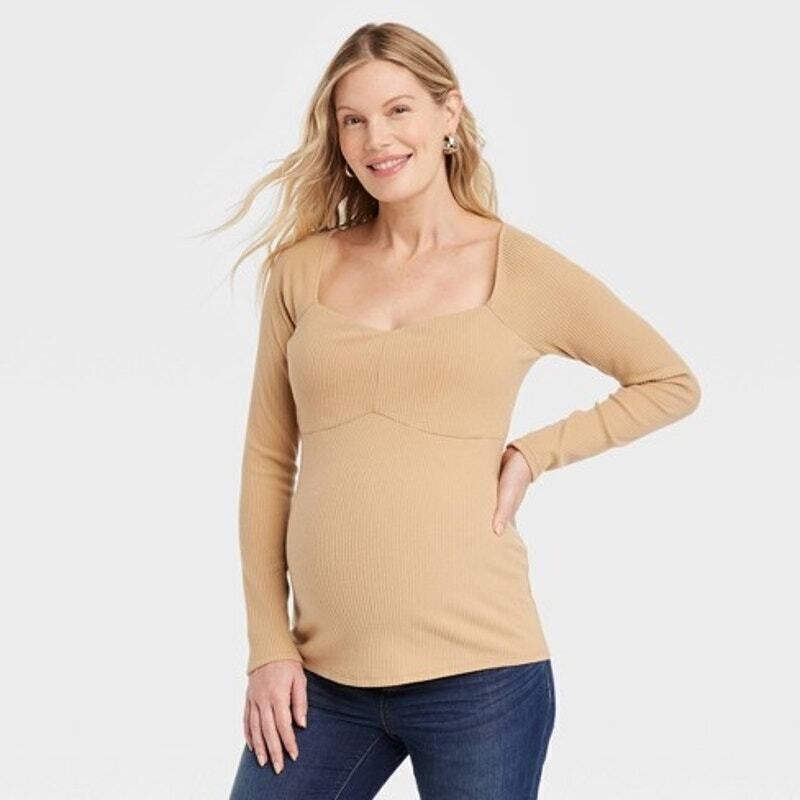 Maternity Soft Stretch Long Sleeve Ribbed Knit Top- Ingrid & Isabel, Tan Medium