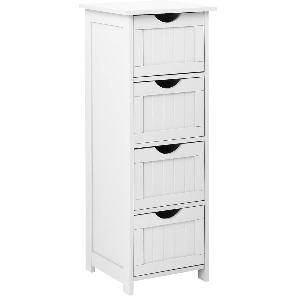 Slim White Wooden Bathroom Storage Cabinet with 4 Drawers Freestanding
