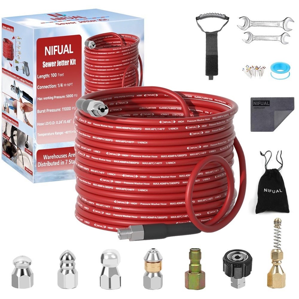 NIFUAL 1/4 Inch NPT Pressure Washer Sewer Jetter Cleaning Kit for Deep Cleaning