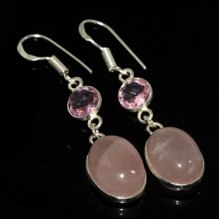925 Silver Plated Rose Quartz Pink Kunzite Earrings Jewelry Size 2