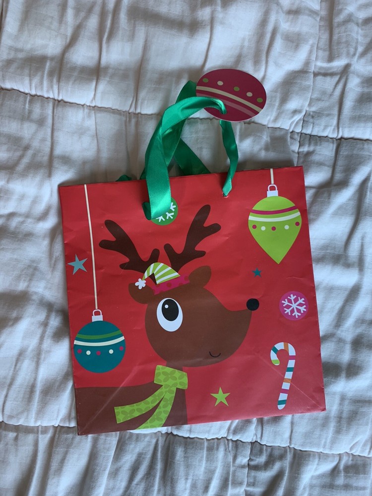 SALE Small Red Christmas Holiday Reindeer Gift Bag, 7x7 inches, Pre-Owned-image