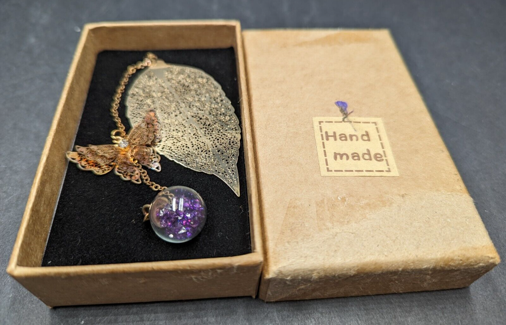 Handmade Gold Tone Metal Leaf Butterfly Glass Ball w/Purple Rhinestone Bookmark