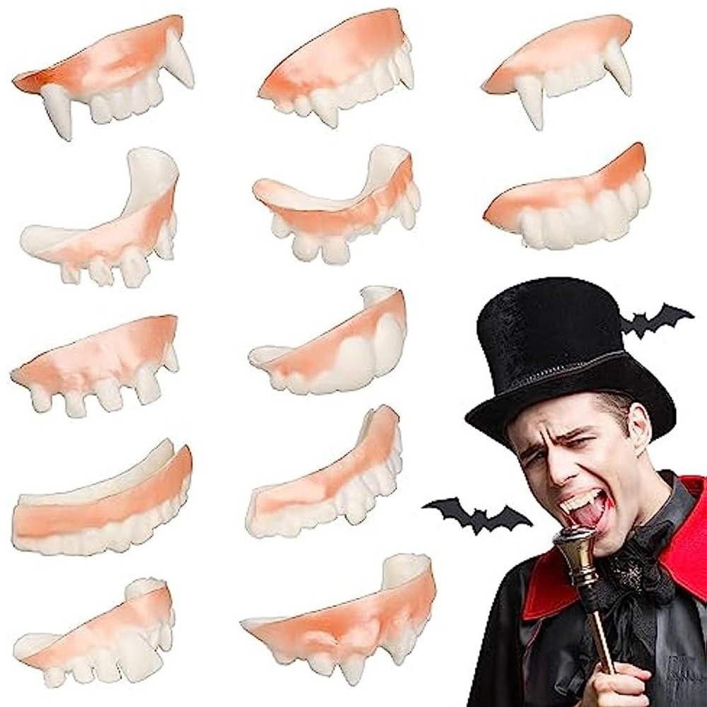 12PCS Horror Fake Fangs for Cosplay Vampire Dentures Teeth Dress Up Costume Prop