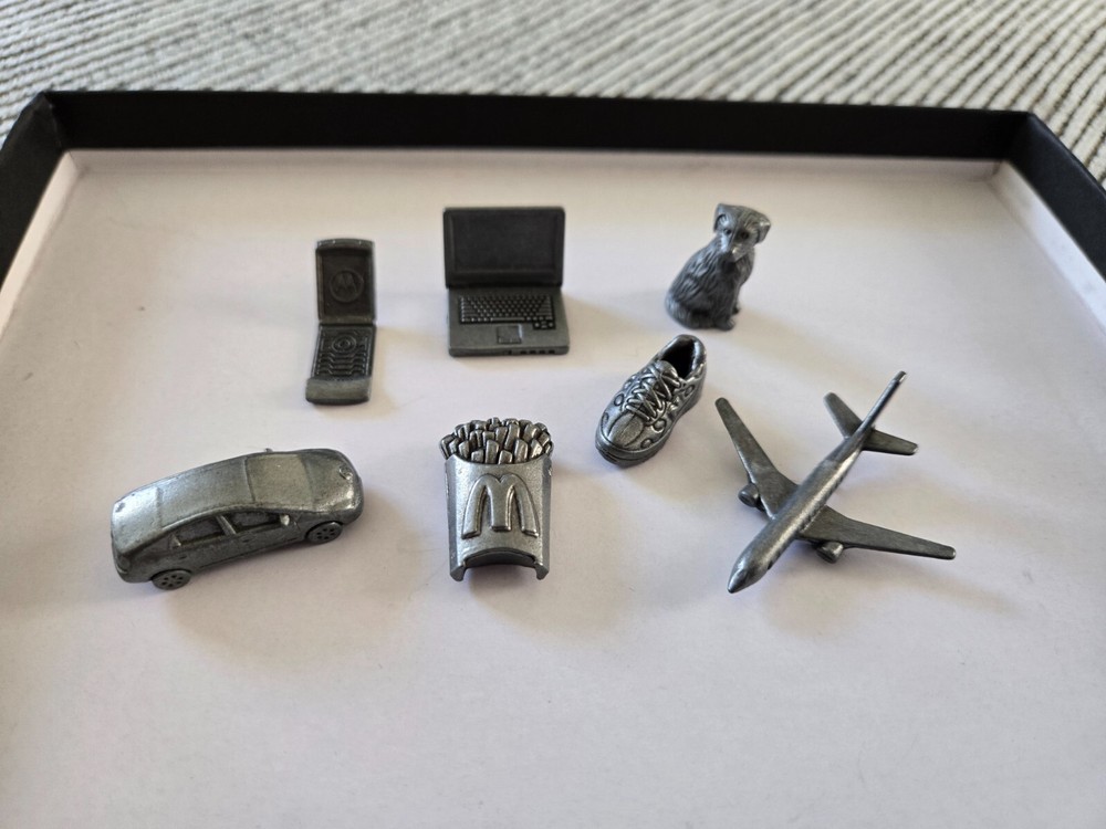 Vintage Monopoly Game Token Replacements Including Plane, Phone, Fries, and Computer in Metal