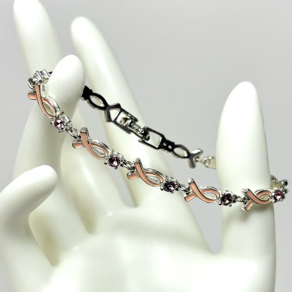 Avon Tennis Bracelet Breast Cancer Awareness Pink Ribbon Pink Rhinestones Size 7