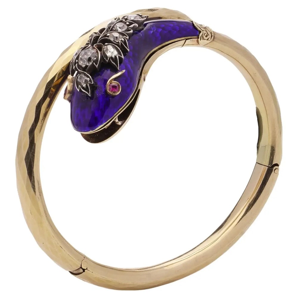 Victorian Style Snake serpent bangle with Diamond Enamel in 925 Sterling Silver