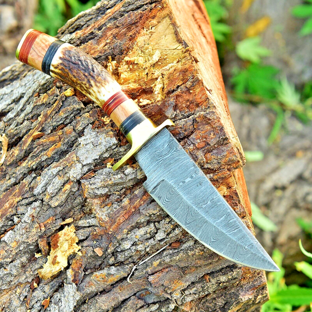 HANDMADE DAMASCUS STEEL FIXED BLADE KNIFE STAG HANDLE BOWIE LEATHER SHEATH X427