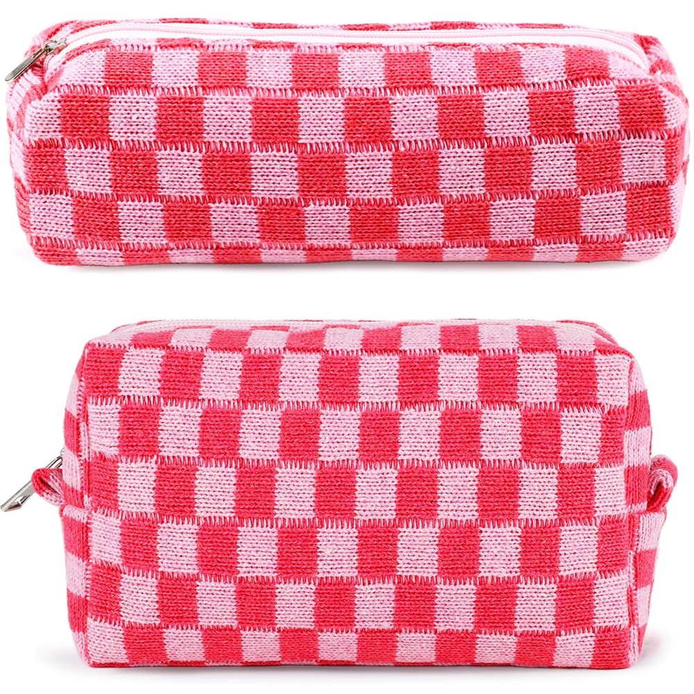 ZLFSRQ 2Pcs Checkered Makeup Bag for Women Cute BH-Checkered Mix Pink