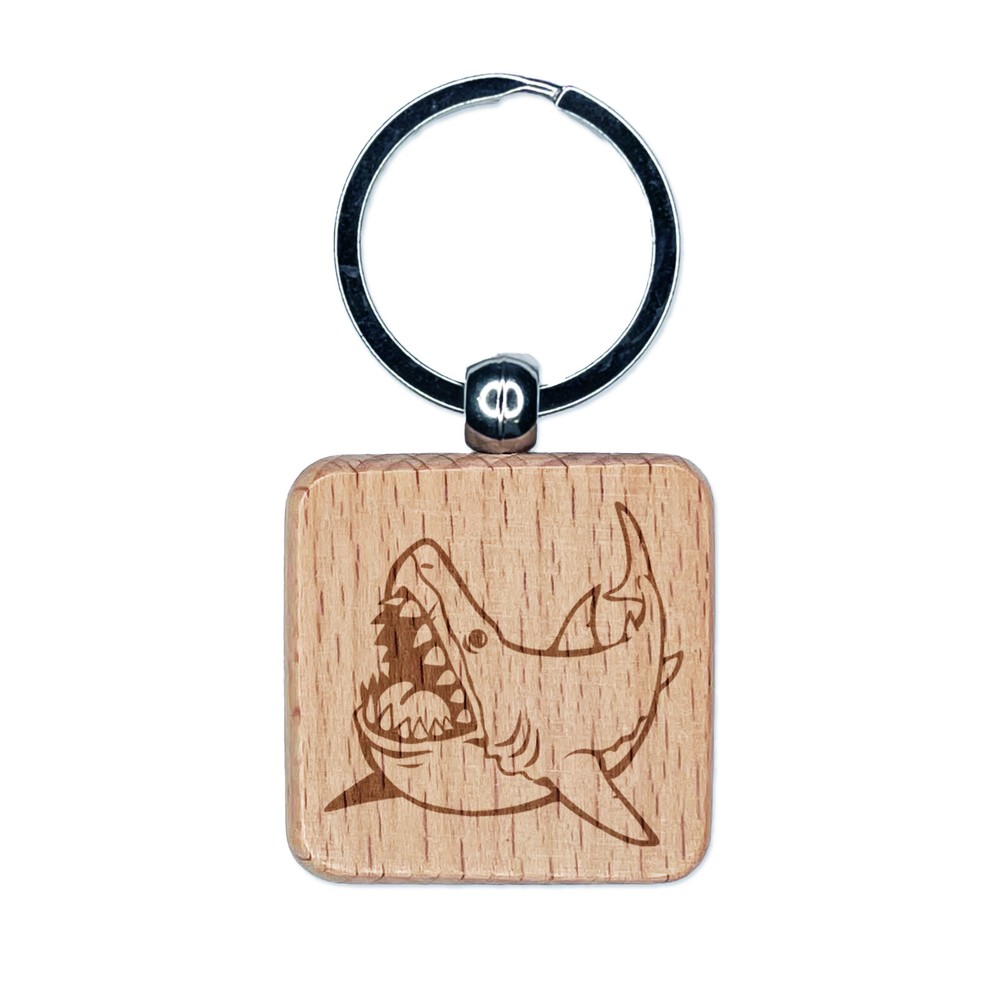 Great White Shark Engraved Wooden Keychain Tag Charm  