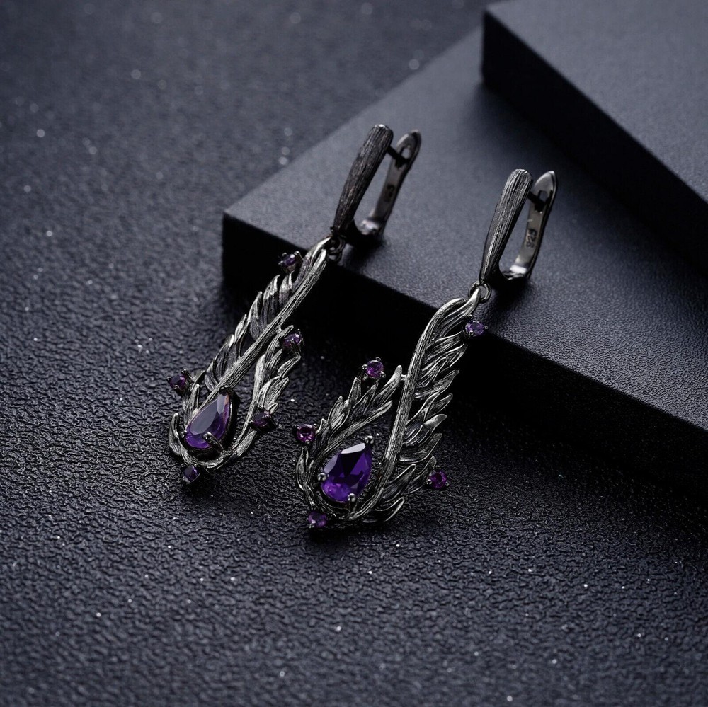 Natural 2.10Ct Amethyst 925 Sterling Silver Handmade Vintage Drop Earrings