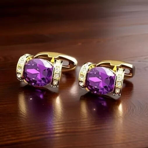 4.CT Oval Lab Created Amethyst Men's Classic Cufflinks 14K Yellow Gold Plated