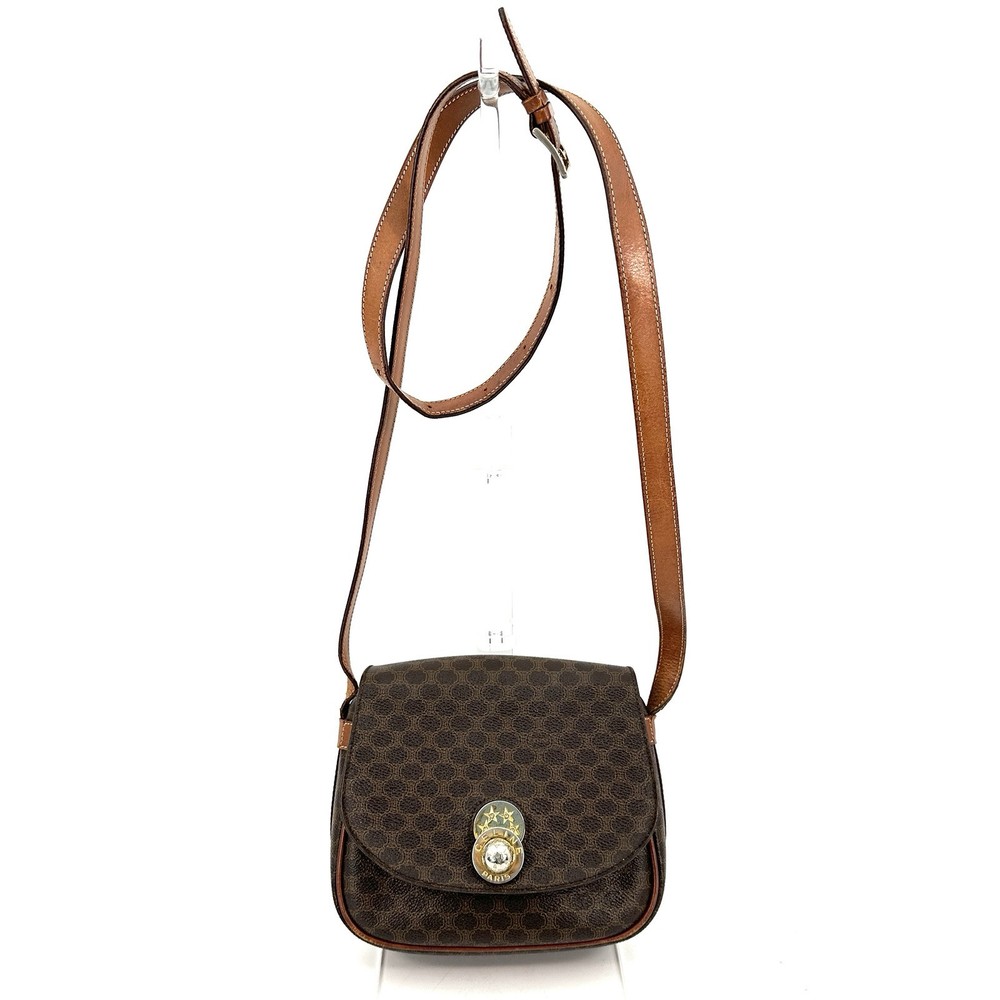 CELINE Authentic Macadam Leather Shoulder Bag Black  