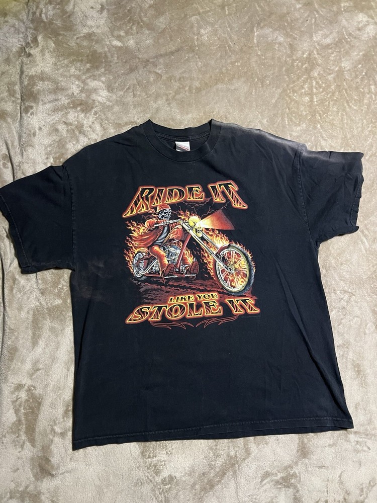 Motorcycle T Shirt Men’s XL Graphic Tee Ride It Like You Stole It Skull Fire Y2K