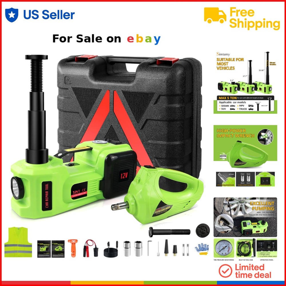 5 Ton Electric Car Jack Kit with Hydraulic Tire Inflator & Impact Wrench for SUV MPV Truck