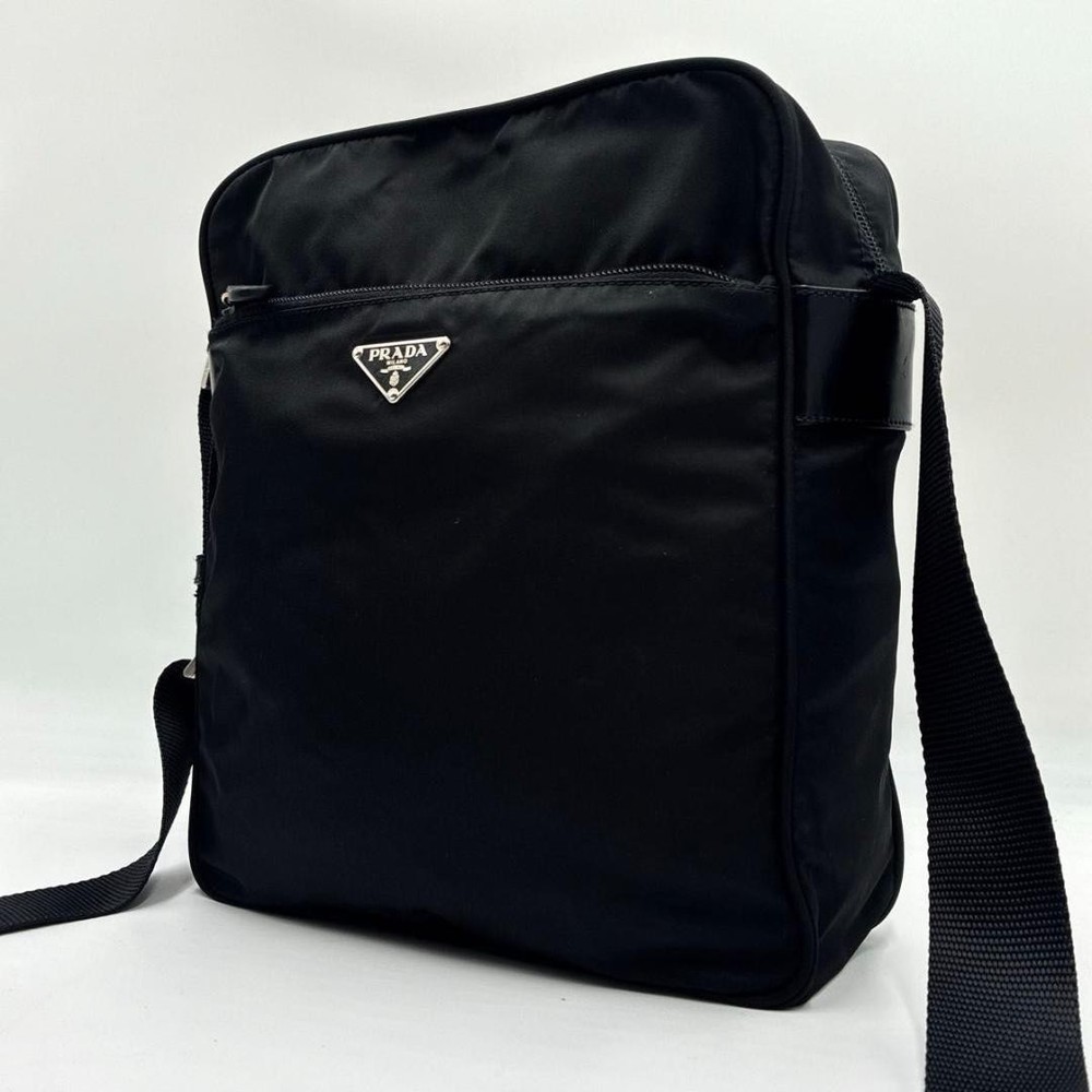 Prada Nylon Shoulder Bag with Leather Triangle Logo Black White Excellent Condition