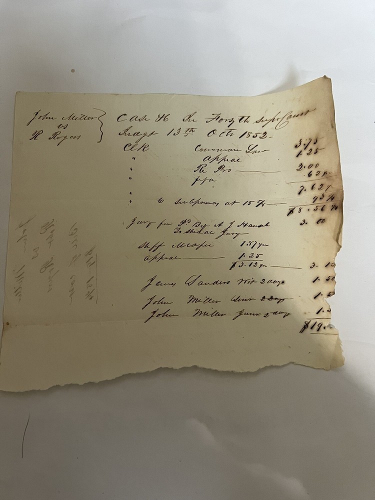 Forsyth County Georgia 1852 Document Cumming Court Fees Miller Rogers Family