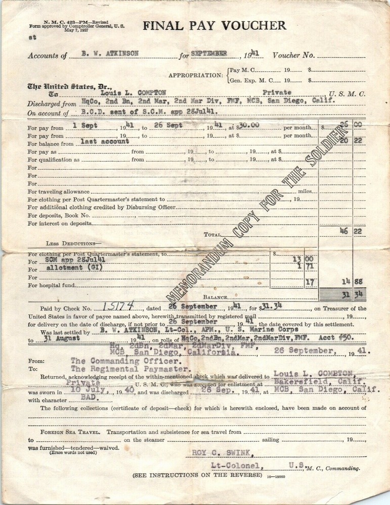 1941 Final Statement & Pay Voucher for Pvt BW Atkinson HqCo 2nd BN E8G-9-image
