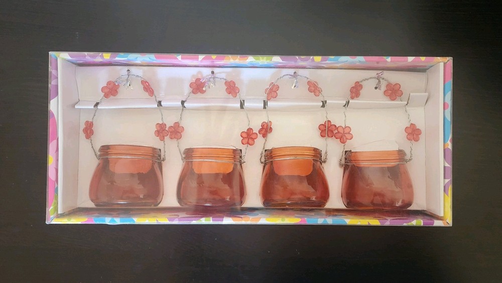 Glass Mason Jar Coral Candle Holders With Flower Accent Handles 4 Pack