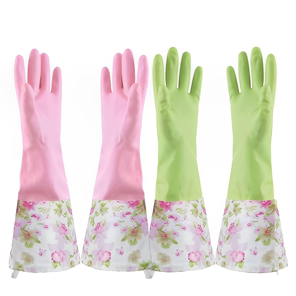 Long Rubber Latex Cleaning Gloves - 2 Pairs Dishwashing Gloves with Flocked Lining