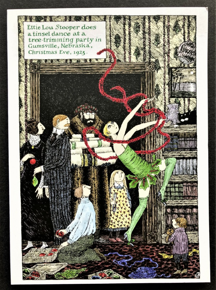 *ONE* NEW Edward Gorey 7x5 Tinsel Dance Christmas Holiday Blank Note Card Weird