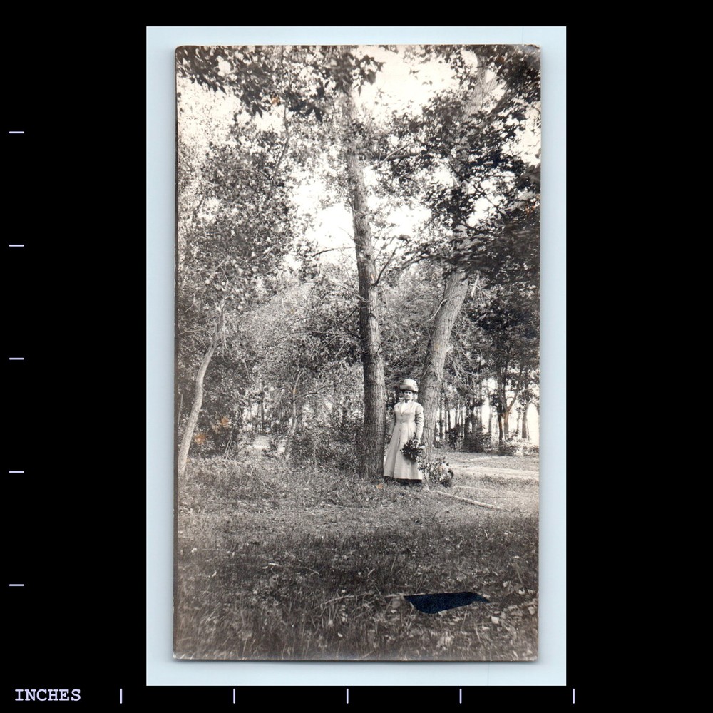 Victorian Era Woman Wearing Hat with Flowers in Forest Vintage Photo