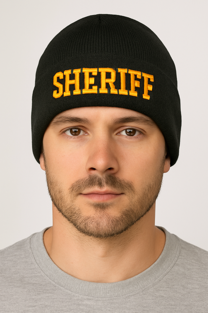 Sheriff Embroidered Beanie – Black & Gold Long Cuff Winter Knit Ski Hat