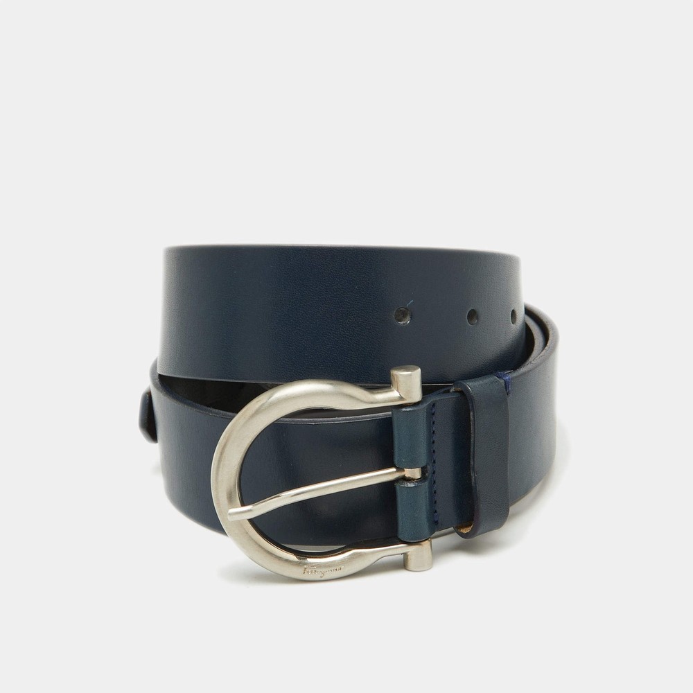 Salvatore Ferragamo Dark Blue Leather Gancio Buckle Belt 85CM