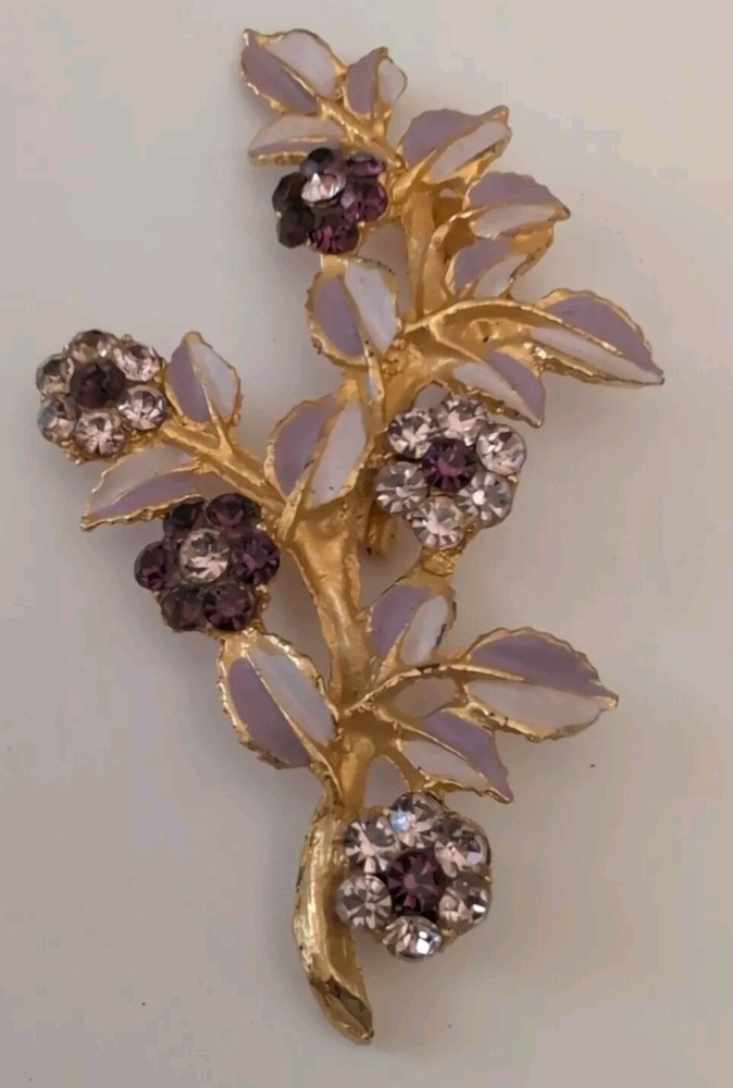 Vintage Large Rhinestone And Enamel Gold Tone Flower Spray Brooch