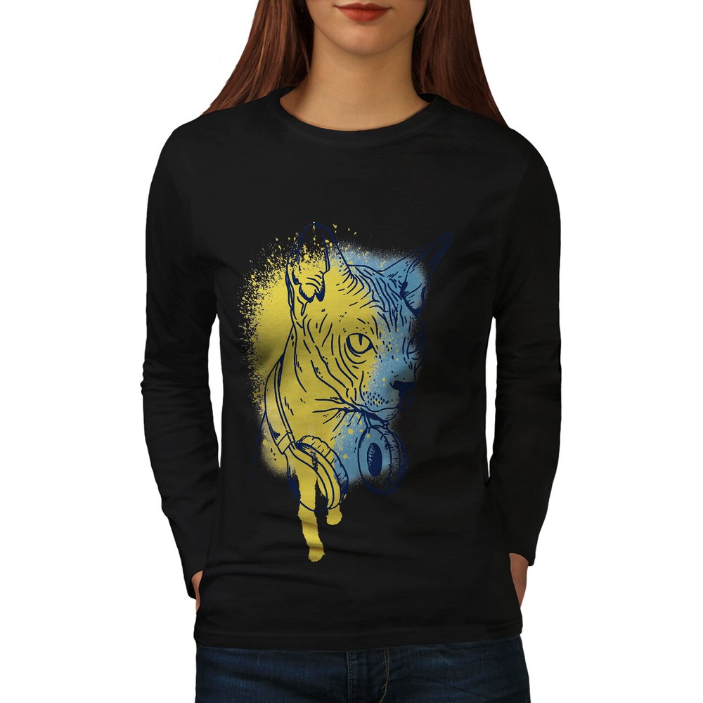 Wellcoda Cool Sphynx Cat With Headphones Music Womens Long Sleeve T-shirt