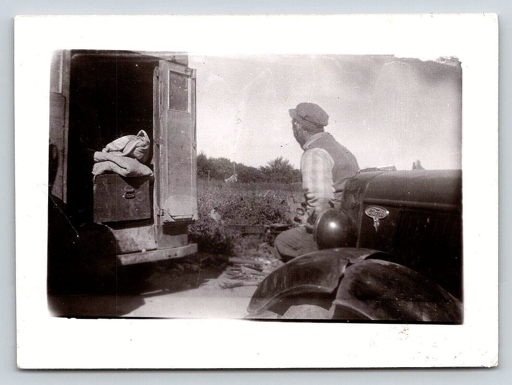 Vintage Old Outdoor Antique Photo Picture Image Ford Car Man Road Truck B&W